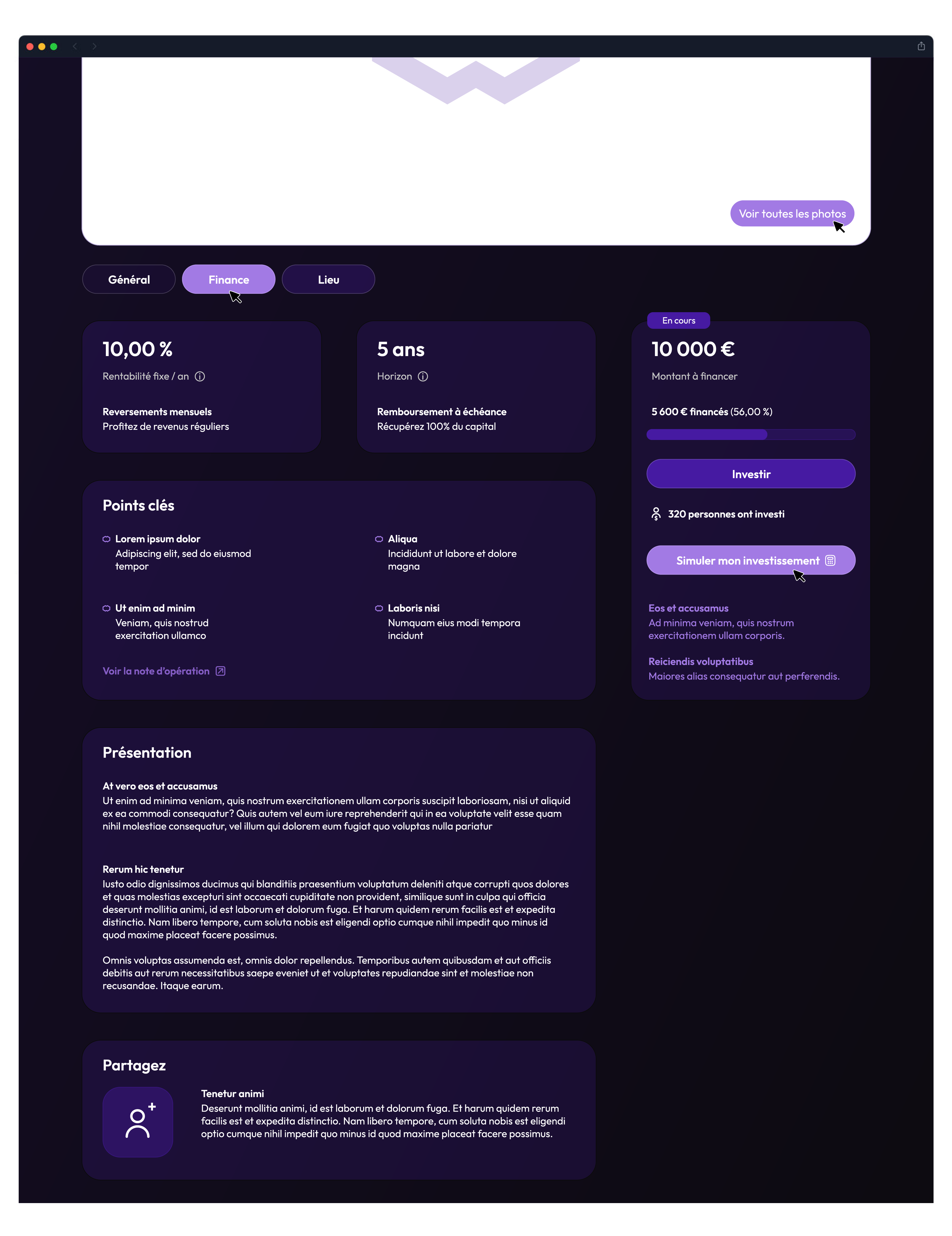 Interface utilisateur de la page investissement marketplace Coin District