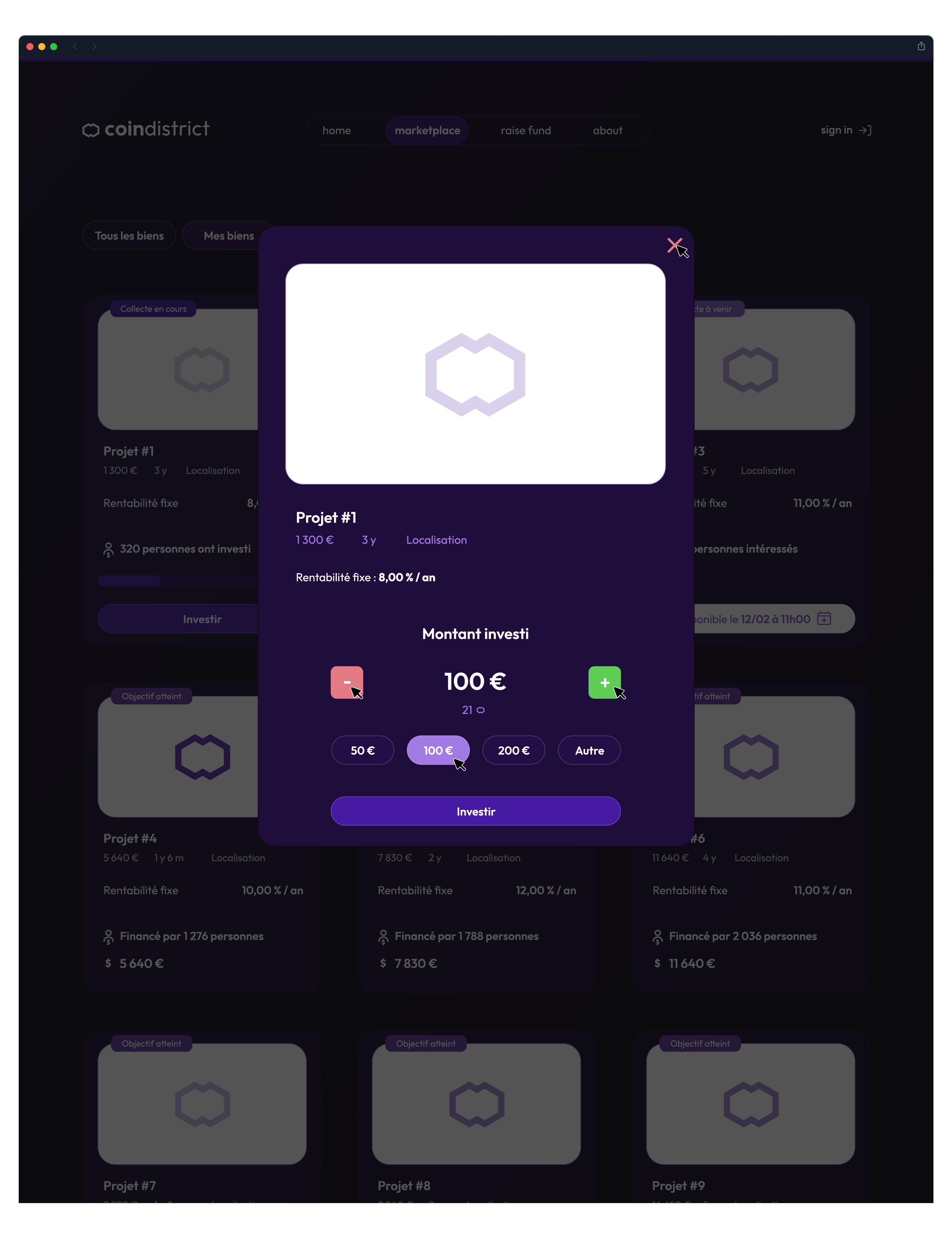 Design d'interface UI pour une fenêtre pop-up modale Coin District