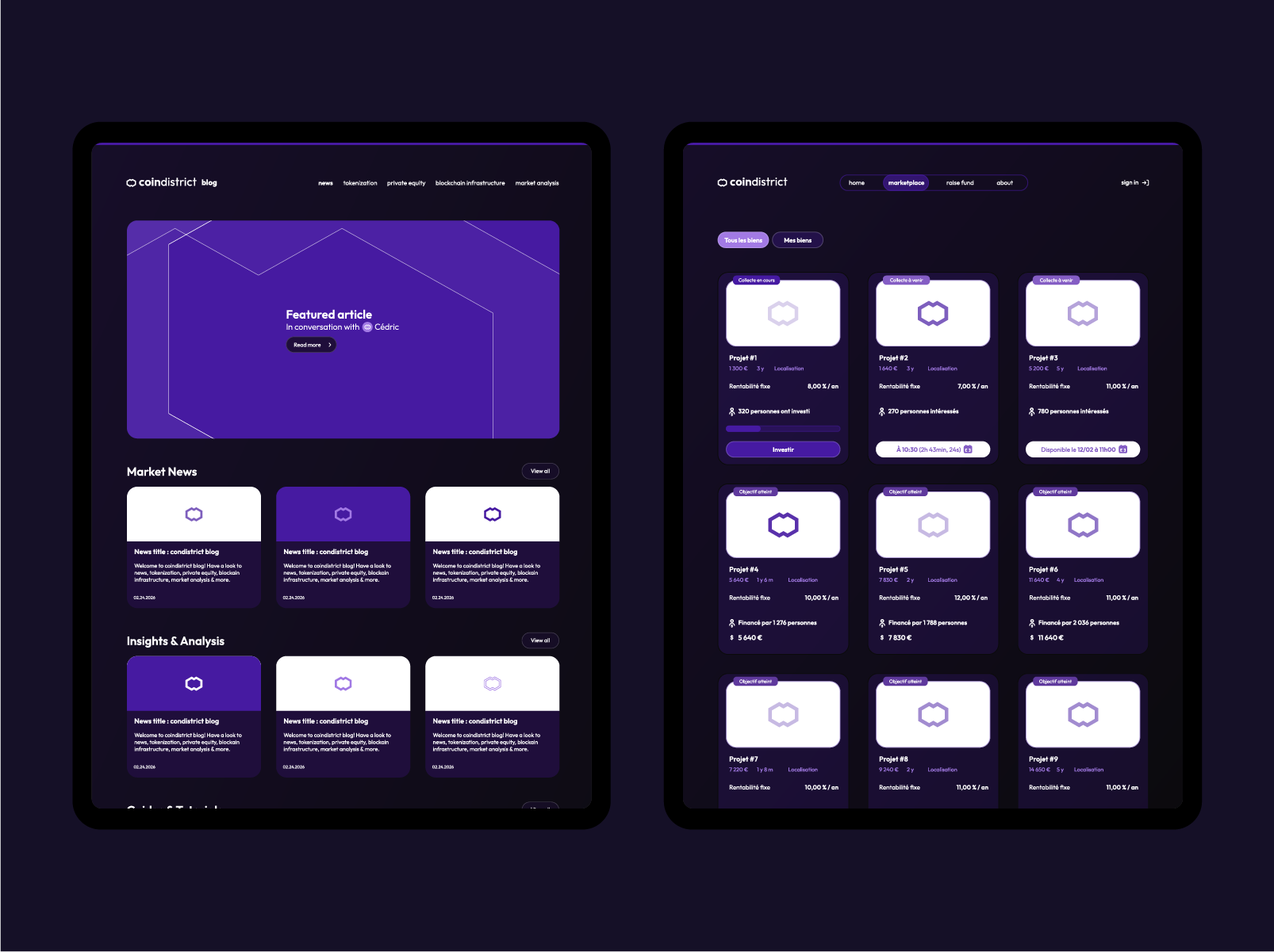 Mockup responsive sur tablettes du site web Coin District