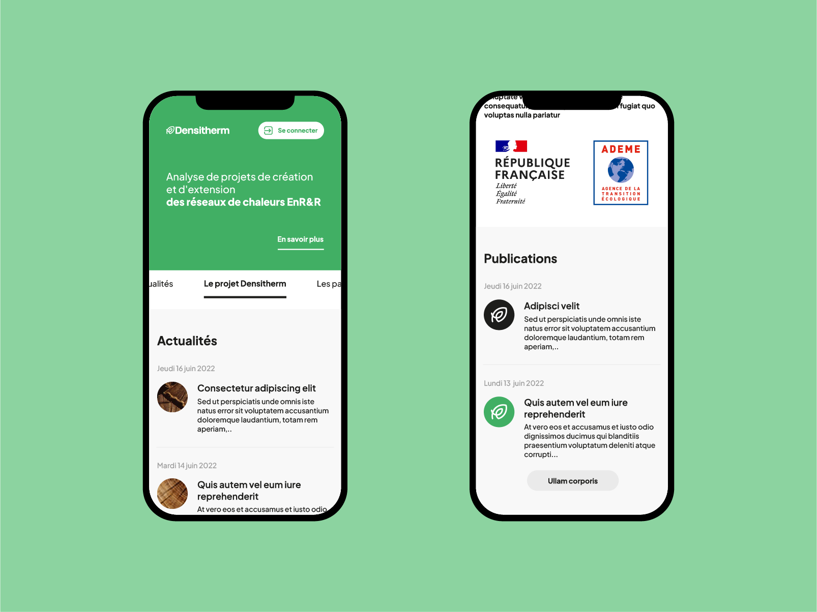 Maquette UI/UX responsive du site public Densitherm affichée sur smartphone